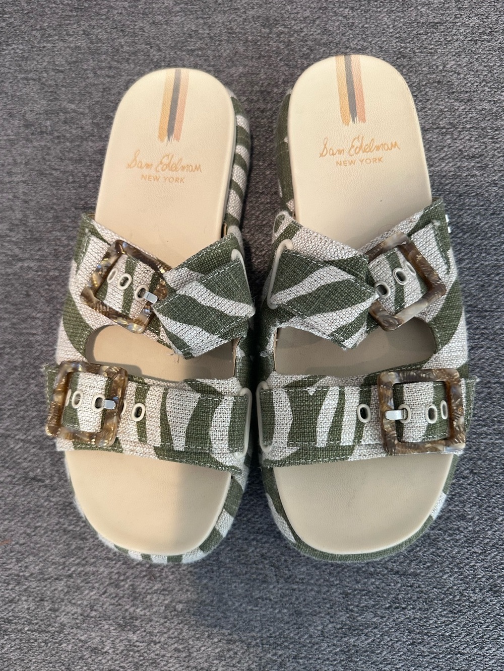 Sam Edelman Green and White Zebra Buckle Slide Sandals